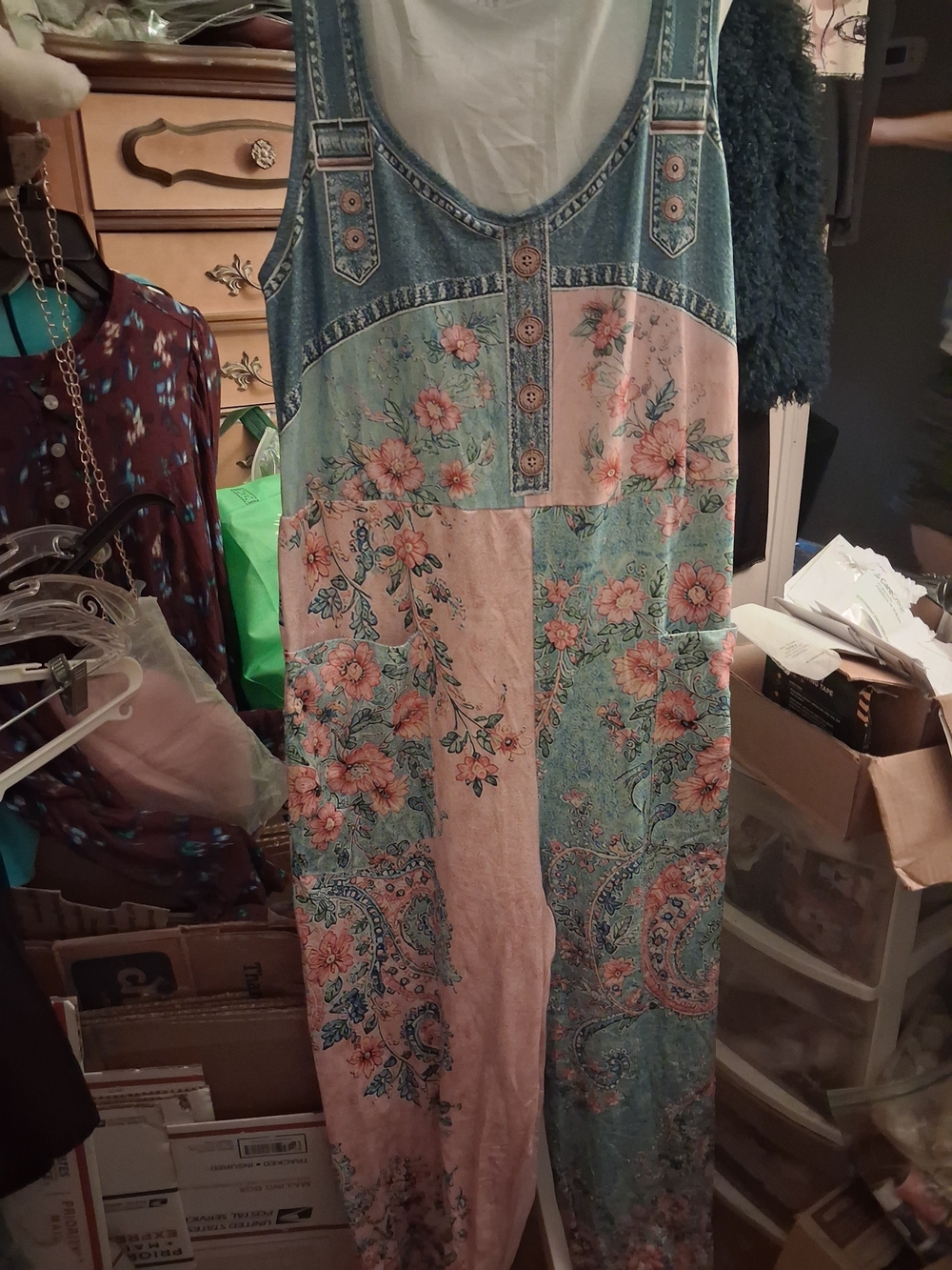 New,3d Print Knit Floral Patchwork Slip-On Denim-Trim Jumpsuit & Pockets Size M